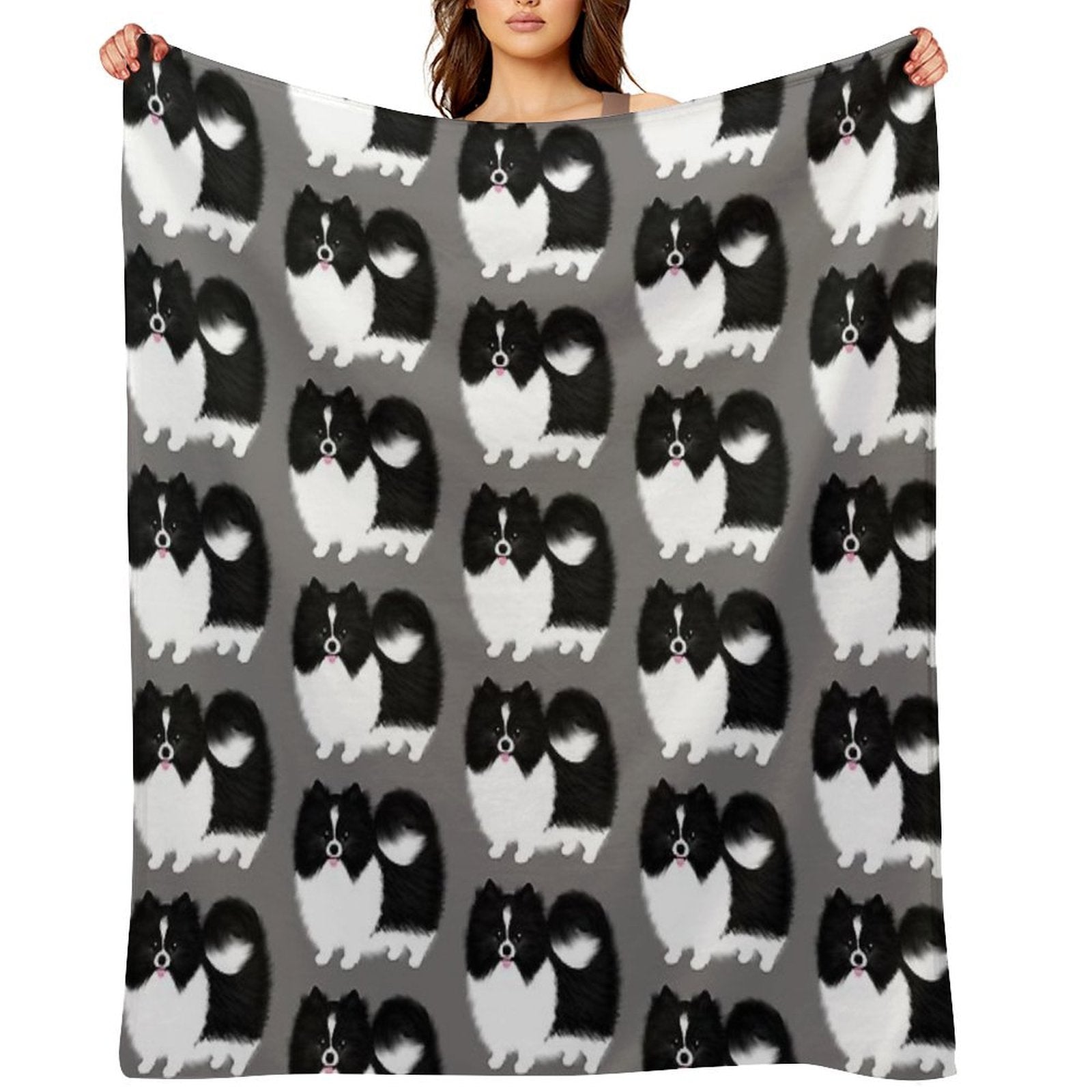 Black And White Parti Pomeranian  Cute Black And White Fluffy Dog Durable Throw Blanket