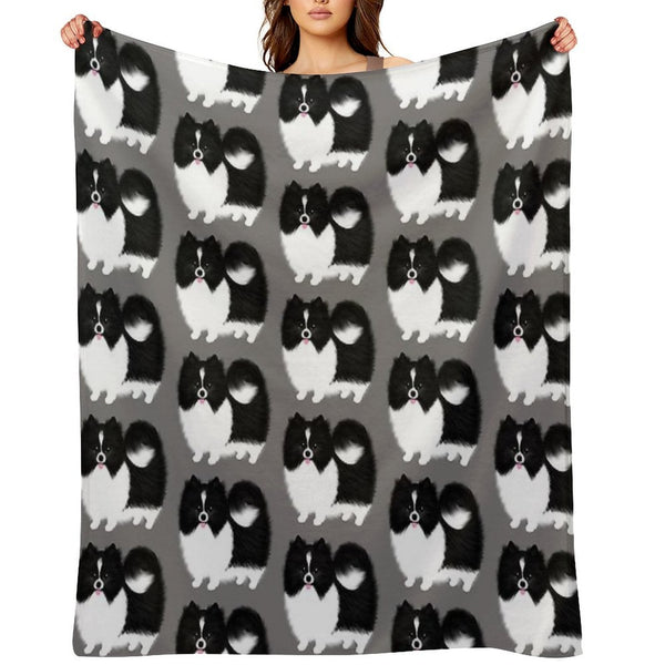 Black And White Parti Pomeranian  Cute Black And White Fluffy Dog Durable Throw Blanket