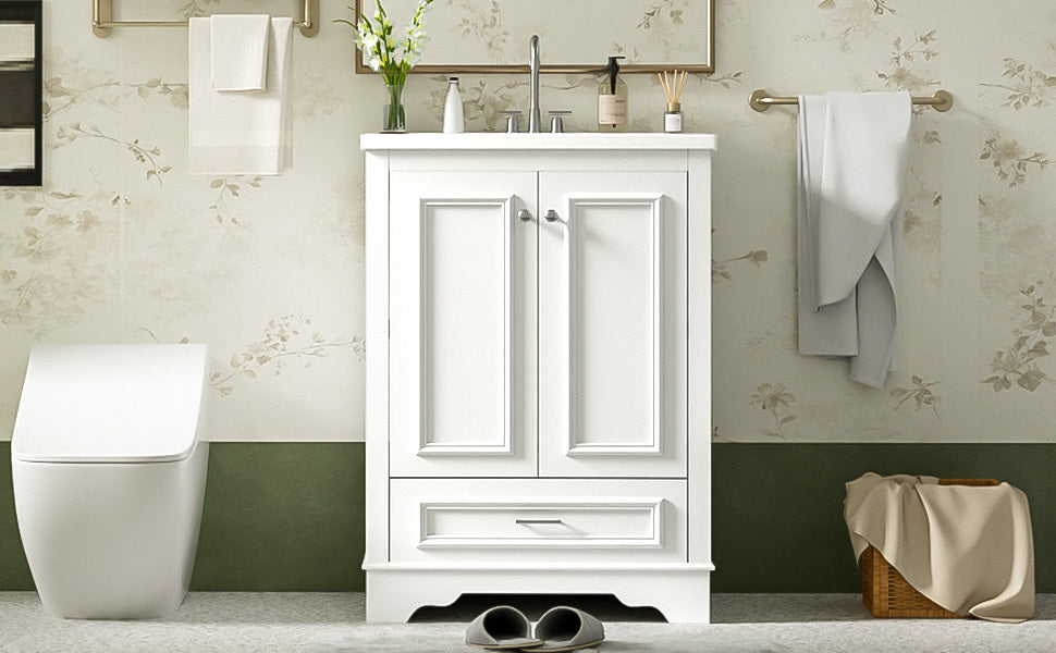 Bathroom Vanity with Ceramic Sink and Modern Freestanding Storage Cabinet, Soft-Close Doors