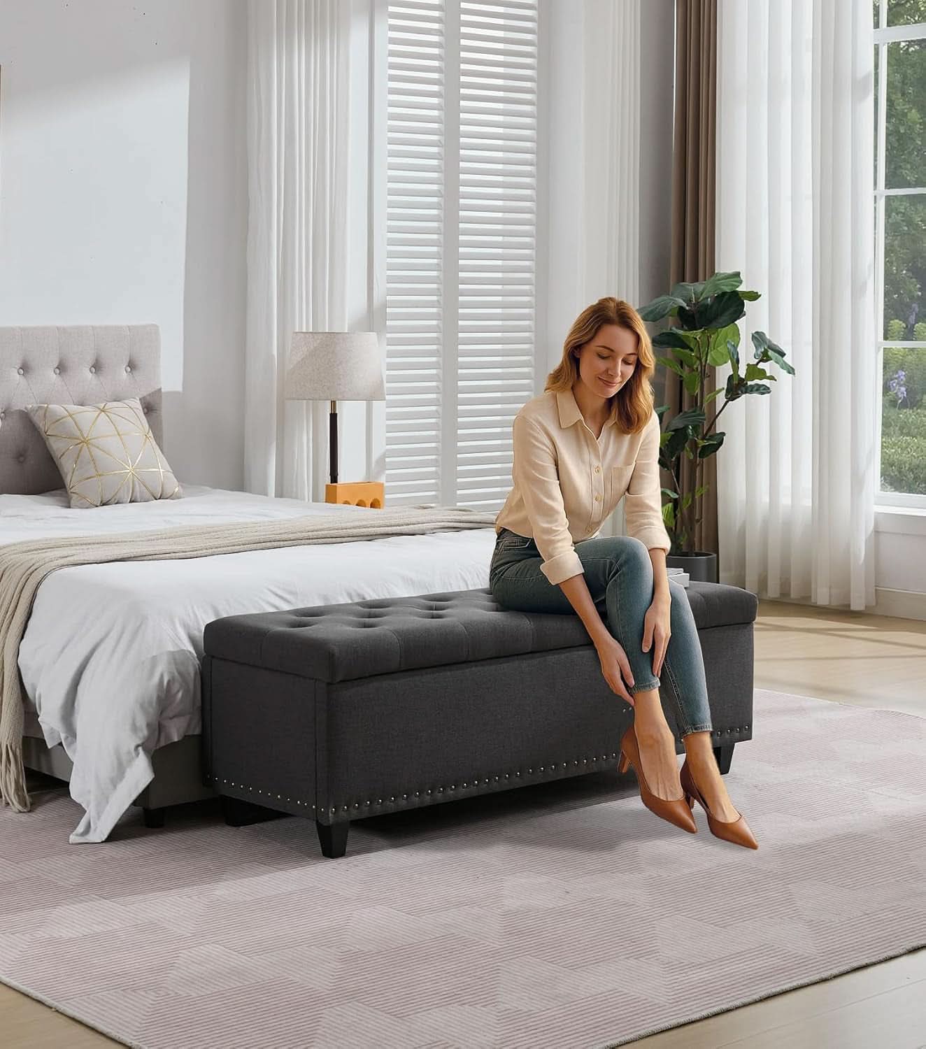 50.8 Inches Gray Upholstered Storage Ottoman Bench