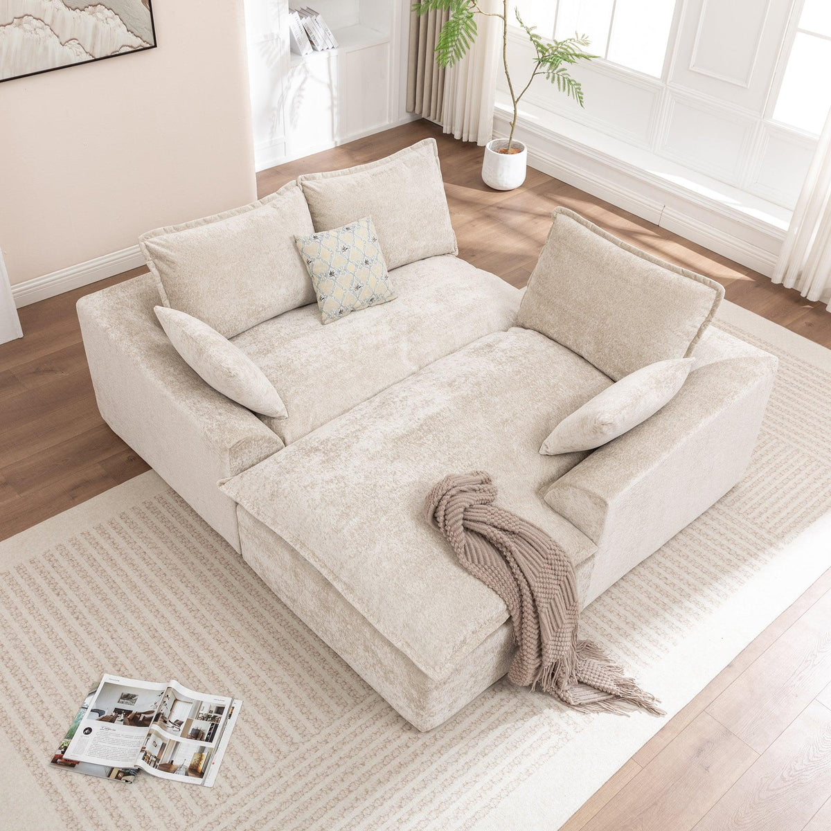 Ivory Chenille L‑Shaped Modular Sectional Compressed Sofa