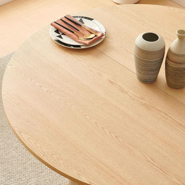 47 Inch Round Dining Table Set Beige Oak Boucle Padded Seating