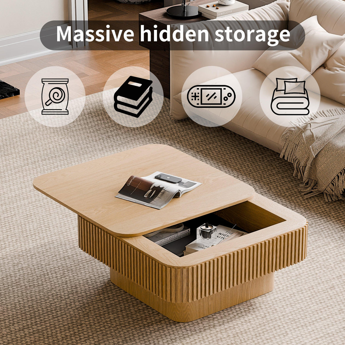 Modern Square Coffee Table with Hidden Storage