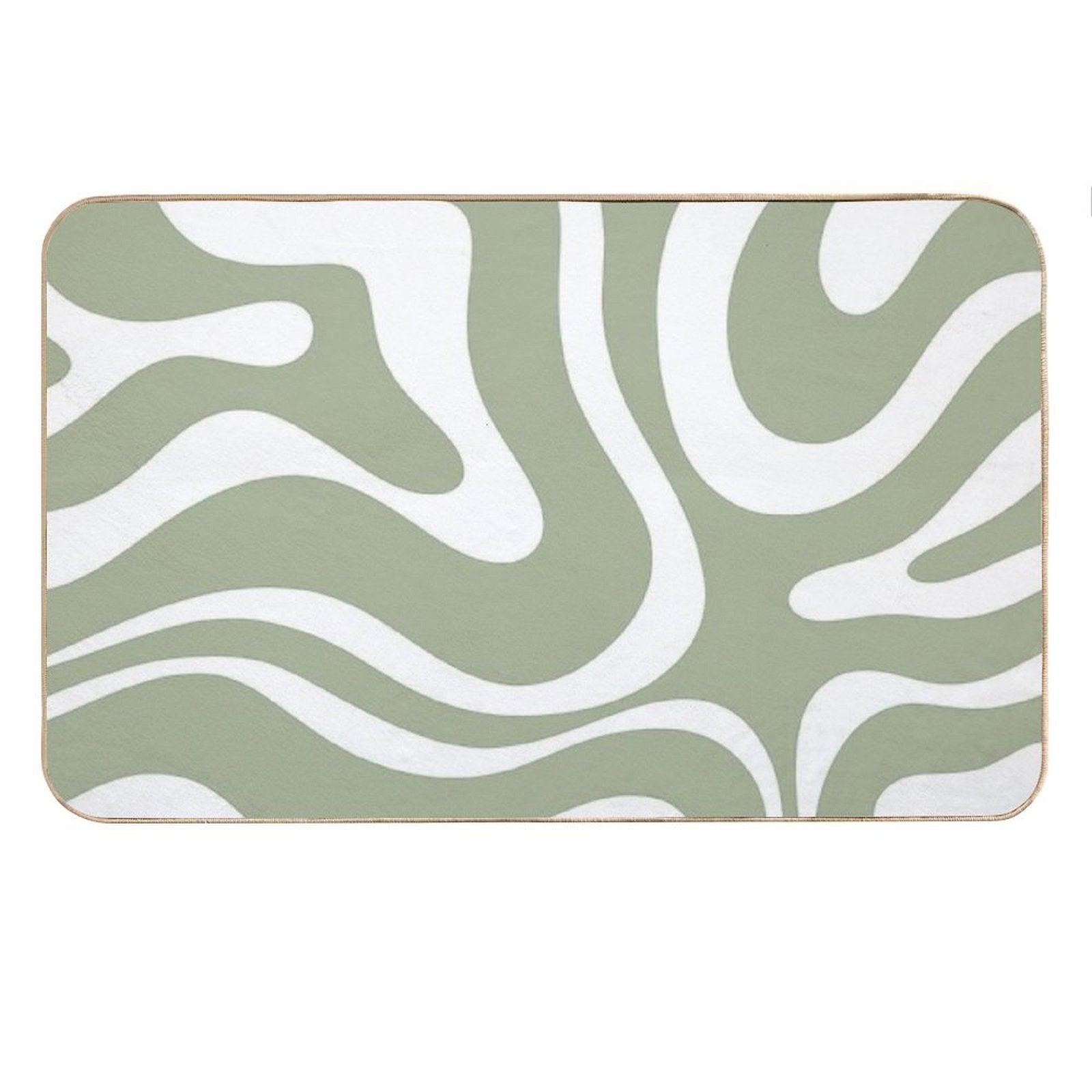 Retro Modern Liquid Swirl Abstract Pattern Square in Sage Green And White Bath Mat