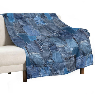 Photograph of Blue Denim Jeans Pocket Patchwork ONLY - Not Real Plush Throw Blanket