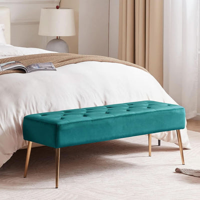 Velvet Upholstered Button Tufted Ottoman Gold Base