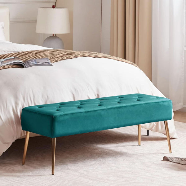 Velvet Upholstered Button Tufted Ottoman Gold Base
