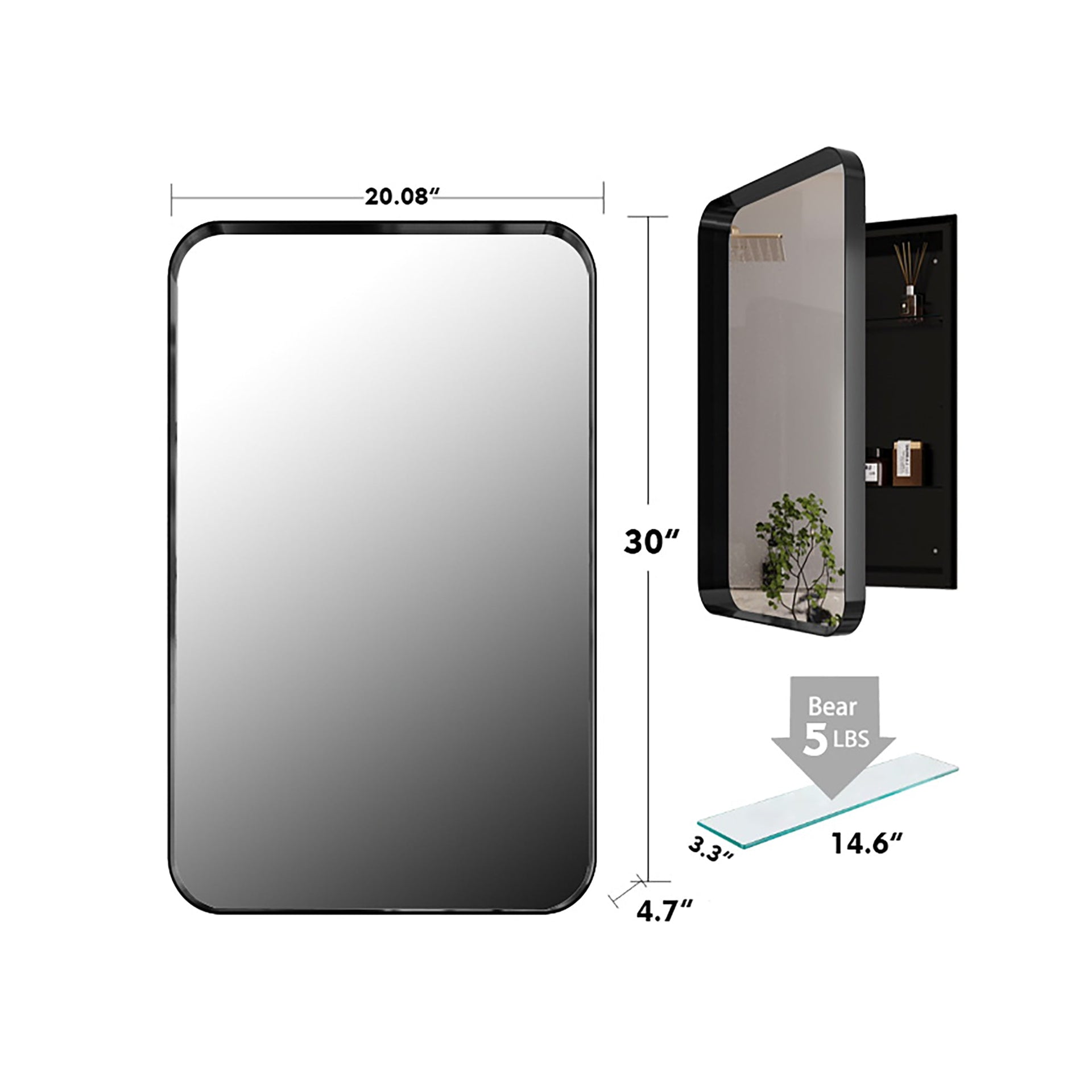 20x30 Inch Recessed Black Metal Framed Medicine Cabinet with Mirror and Adjustable Shelves Black Wall Mirror with Storage for Bathroom