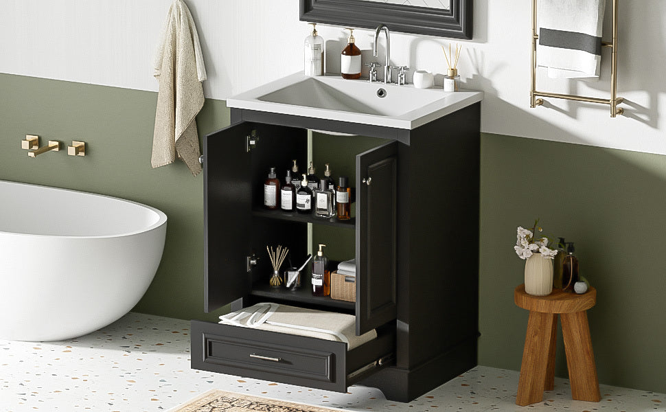 Bathroom Vanity with Ceramic Sink and Modern Freestanding Storage Cabinet, Soft-Close Doors