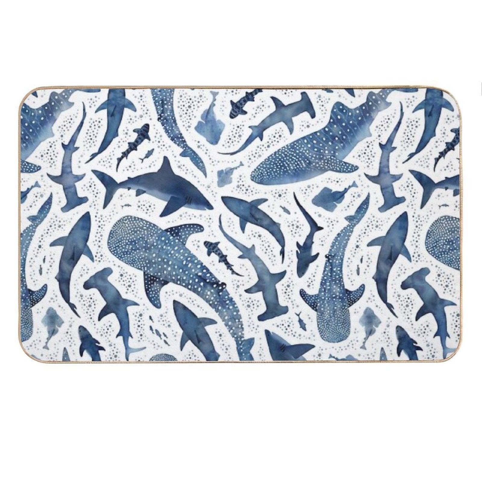 Monochrome Blue Watercolour Shark Ocean on White Bath Mat