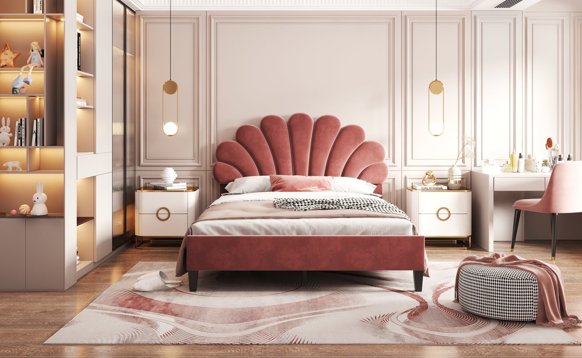 Full Size Upholstered Platform Bed with Flower Pattern Velvet Headboard