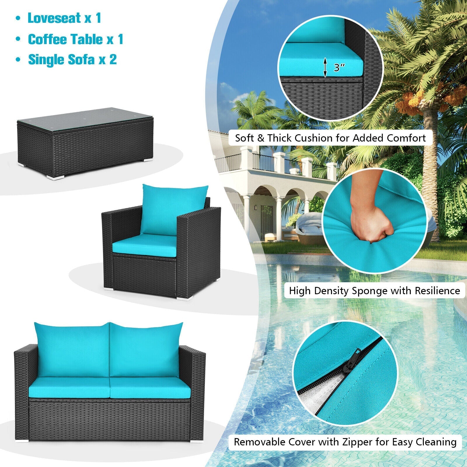 4PCS Outdoor Rattan Wicker Patio Furniture Set With Turquoise Cushions (97145368)