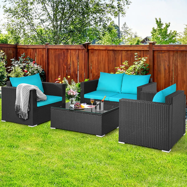 4PCS Outdoor Rattan Wicker Patio Furniture Set With Turquoise Cushions (97145368)