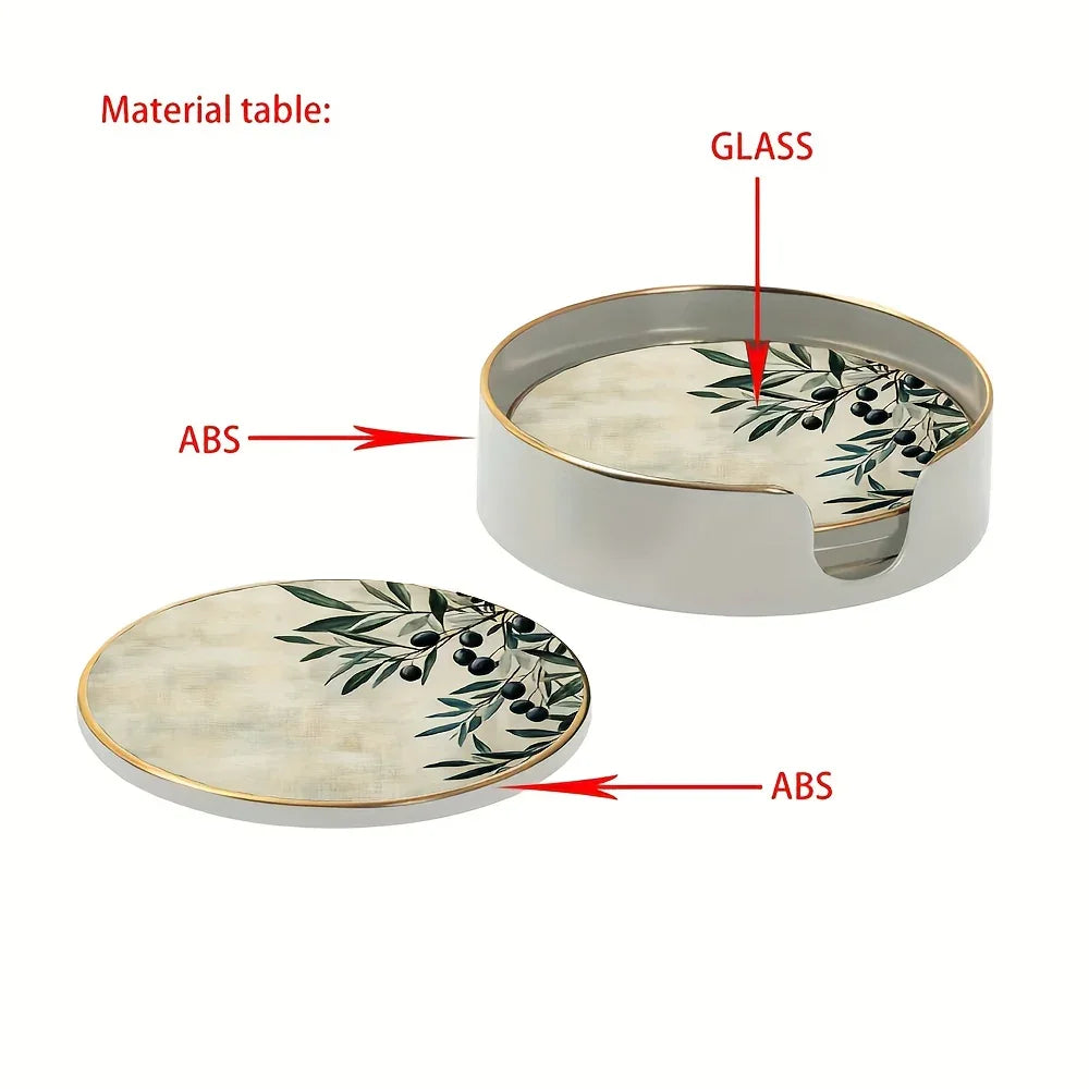 4pcs Elegant Glass Coasters with Olive Design - Heat-Resistant, Waterproof, Ideal for Home, Office, Cafe, Bar Decor - Perfect Holiday Gift for Christmas, Halloween, Thanksgiving, St. Patrick'S Day, Office Decor|Elegant Tablew