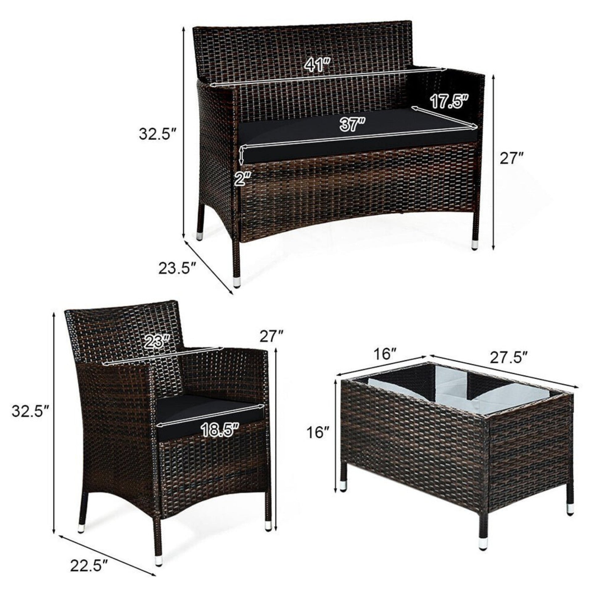 4-Piece Outdoor Rattan Patio Furniture Set With Cushions & Coffee Table (SAK75463)