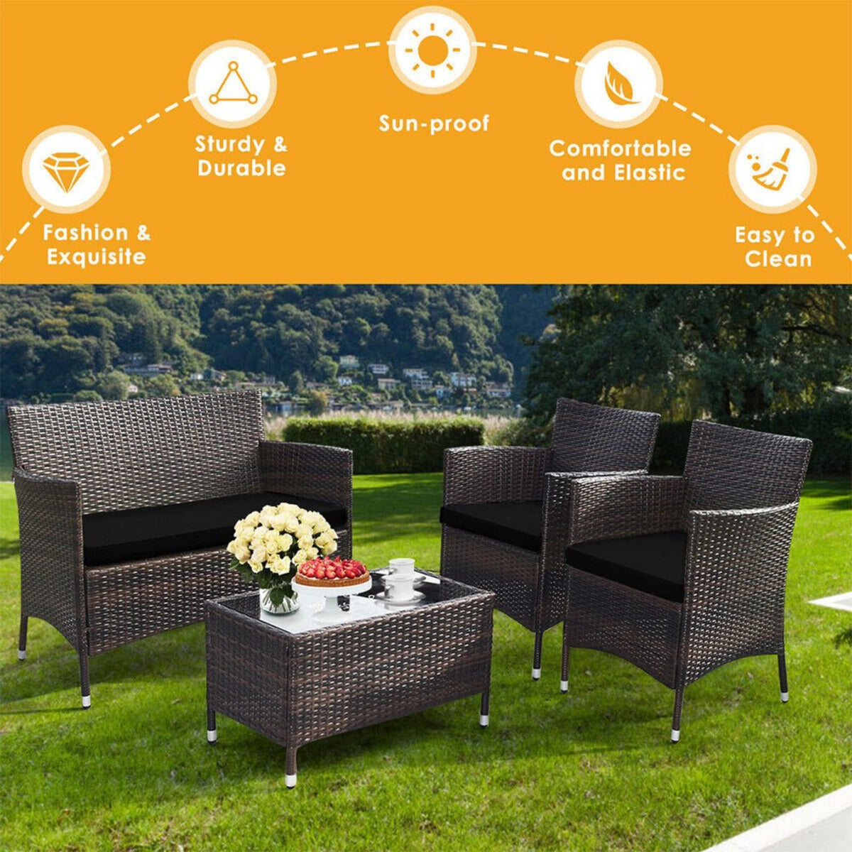 4-Piece Outdoor Rattan Patio Furniture Set With Cushions & Coffee Table (SAK75463)