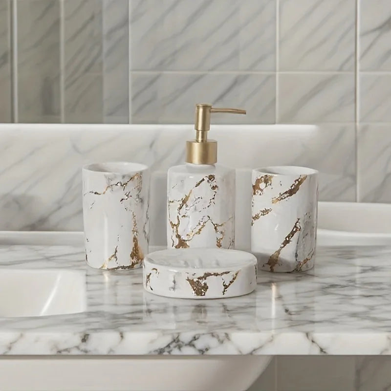 4pcs set of marble pattern, ceramic bathroom toiletry set, mouthwash cup, toothbrush cup, lotion bottle, soap box set bathroom wash high-end gift set, suitable for family hotel homestay bathroom use, ceramic material Nordic l