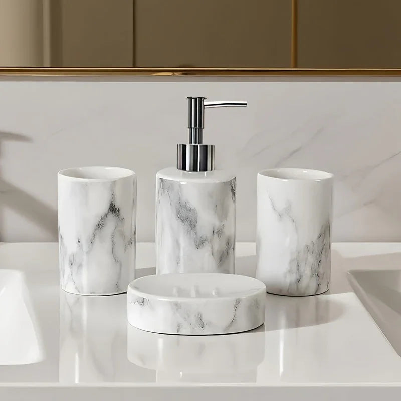 4pcs set of marble pattern, ceramic bathroom toiletry set, mouthwash cup, toothbrush cup, lotion bottle, soap box set bathroom wash high-end gift set, suitable for family hotel homestay bathroom use, ceramic material Nordic l