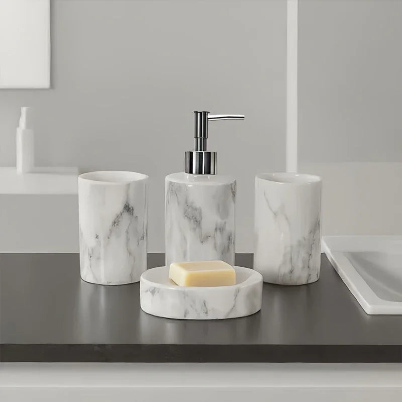 4pcs set of marble pattern, ceramic bathroom toiletry set, mouthwash cup, toothbrush cup, lotion bottle, soap box set bathroom wash high-end gift set, suitable for family hotel homestay bathroom use, ceramic material Nordic l