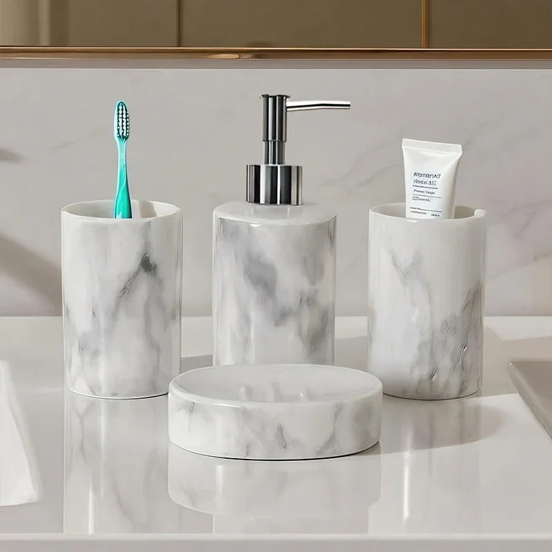 4pcs set of marble pattern, ceramic bathroom toiletry set, mouthwash cup, toothbrush cup, lotion bottle, soap box set bathroom wash high-end gift set, suitable for family hotel homestay bathroom use, ceramic material Nordic l