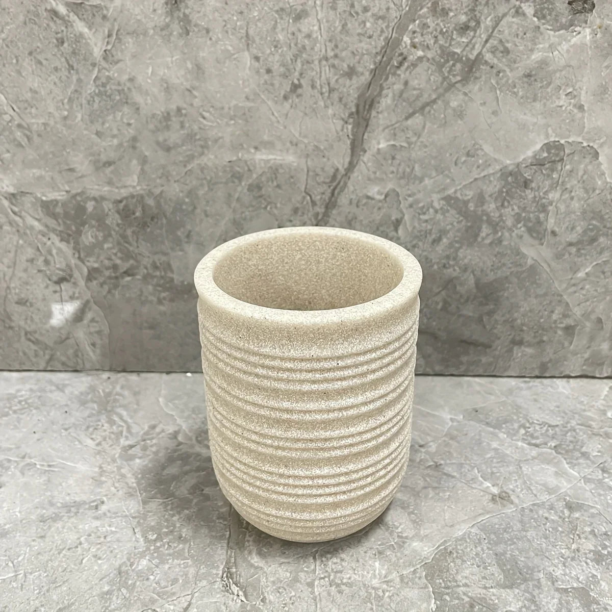 [4pcs Wooden Bathroom Set] Four-piece Wooden Bathroom Set | Wood Grain Water Transfer Print Nozzle Beige Sandstone Lotion Bottle Mouth Cup Toothbrush Holder Toilet Brush with Wooden Handle