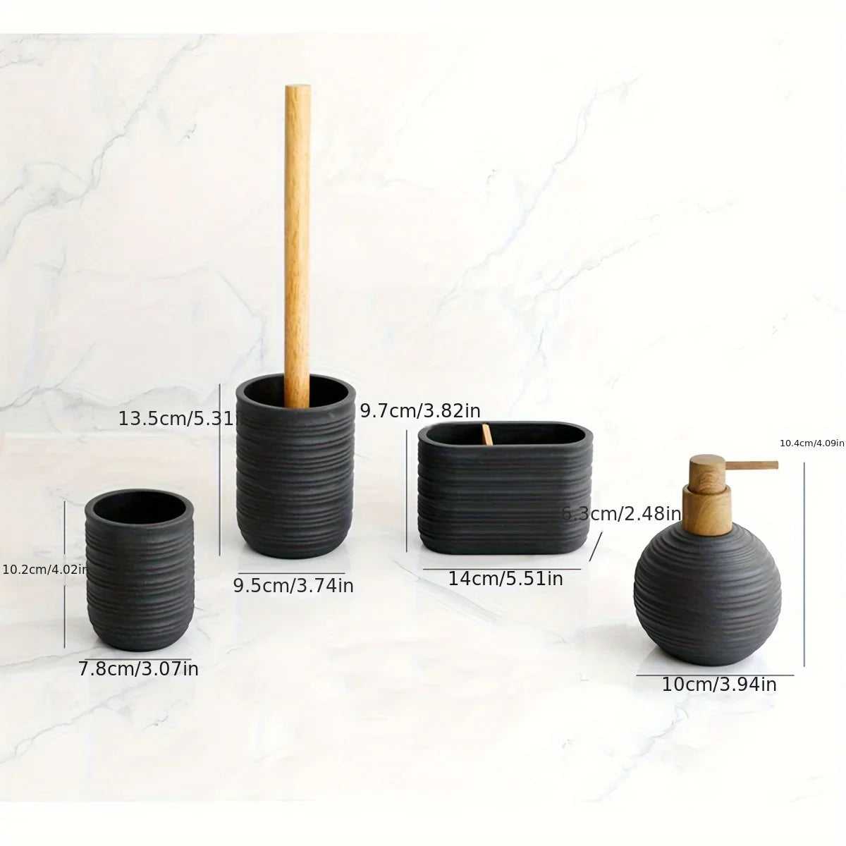 [4pcs Wooden Bathroom Set] Four-piece Wooden Bathroom Set | Wood Grain Water Transfer Print Nozzle Beige Sandstone Lotion Bottle Mouth Cup Toothbrush Holder Toilet Brush with Wooden Handle
