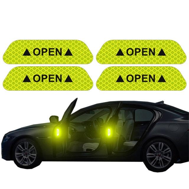4PCS/Set Car Door Stickers Universal Safety Warning Mark OPEN High Reflective Tape For Auto Accessories Exterior Bike Helmet Door Open Reflective Warning Stickers Auto Open Sign Anti-Collision Safety Reflective Decal