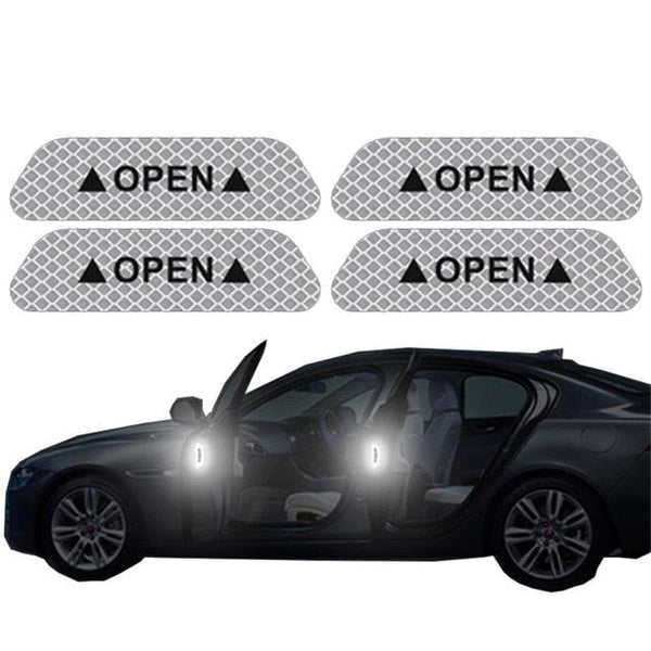 4PCS/Set Car Door Stickers Universal Safety Warning Mark OPEN High Reflective Tape For Auto Accessories Exterior Bike Helmet Door Open Reflective Warning Stickers Auto Open Sign Anti-Collision Safety Reflective Decal