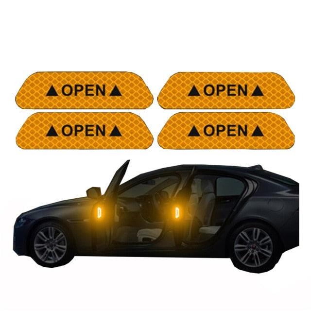 4PCS/Set Car Door Stickers Universal Safety Warning Mark OPEN High Reflective Tape For Auto Accessories Exterior Bike Helmet Door Open Reflective Warning Stickers Auto Open Sign Anti-Collision Safety Reflective Decal