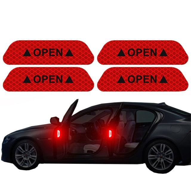 4PCS/Set Car Door Stickers Universal Safety Warning Mark OPEN High Reflective Tape For Auto Accessories Exterior Bike Helmet Door Open Reflective Warning Stickers Auto Open Sign Anti-Collision Safety Reflective Decal