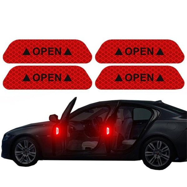 4PCS/Set Car Door Stickers Universal Safety Warning Mark OPEN High Reflective Tape For Auto Accessories Exterior Bike Helmet Door Open Reflective Warning Stickers Auto Open Sign Anti-Collision Safety Reflective Decal