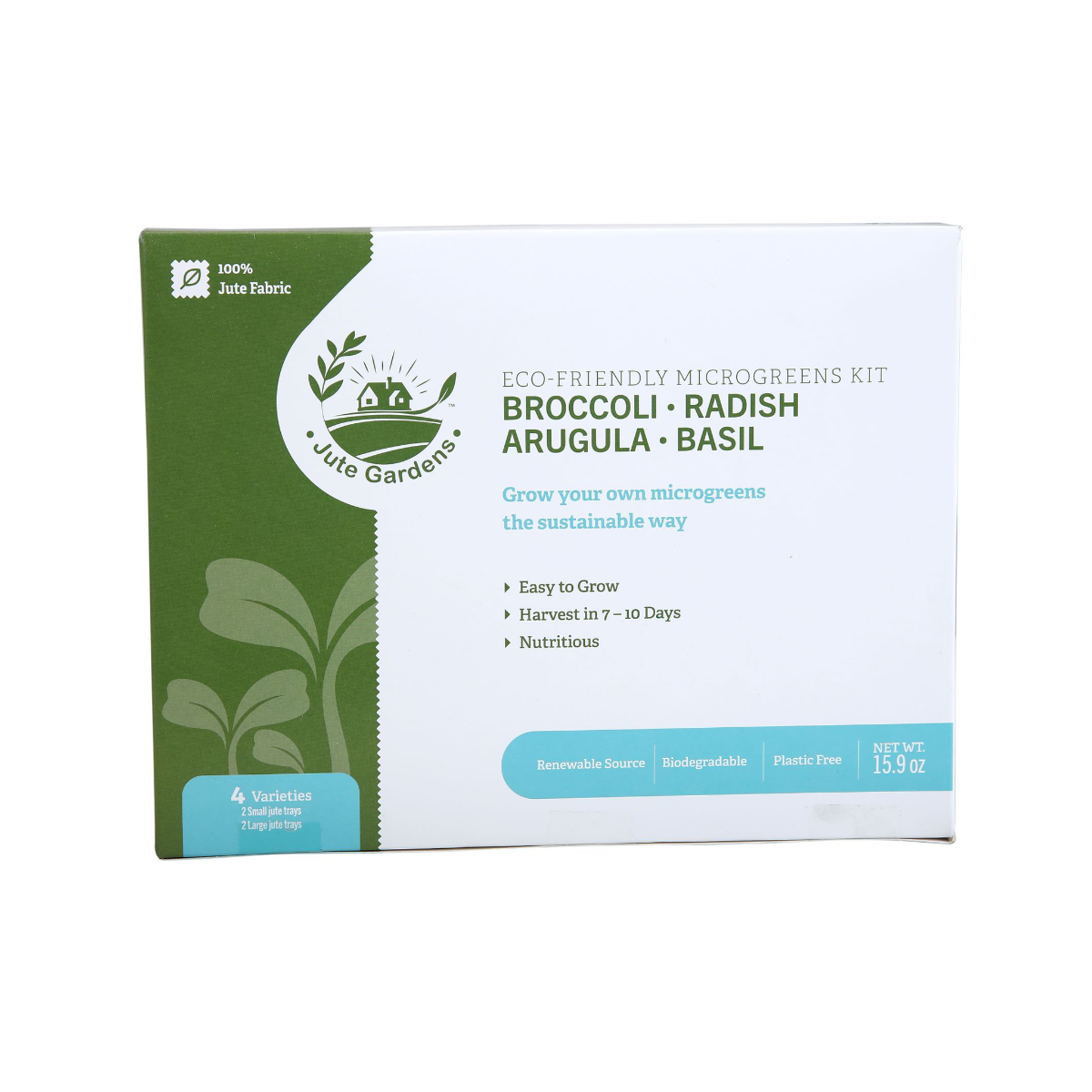 Jute Gardens Microgreen Growing Kit – 4 Seed Variety (Broccoli, Radish, Basil & Arugula), Eco-Friendly Indoor Gardening Set