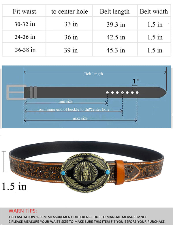 TOPACC Western Genuine Leather Pattern Tooled Belt-Indians Belt Buckle Copper/Bronze