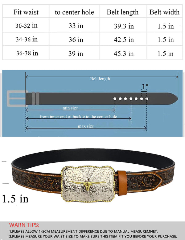 TOPACC Western Genuine Leather Pattern Tooled Belt- Rectangle Two Tone Longhorn Cow Belt Buckle