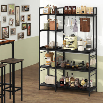 5-Tier Bakers Rack with Power Outlets and 10 S-Shaped Hooks-Black