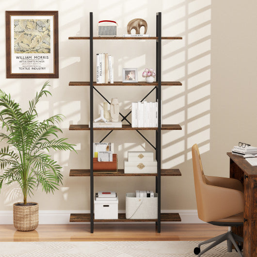 5-Tier 62 Inch Tall Vintage Industrial Bookcase with Open Storage Shelves-Rustic Brown