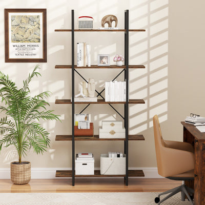 5-Tier 62 Inch Tall Vintage Industrial Bookcase with Open Storage Shelves-Rustic Brown