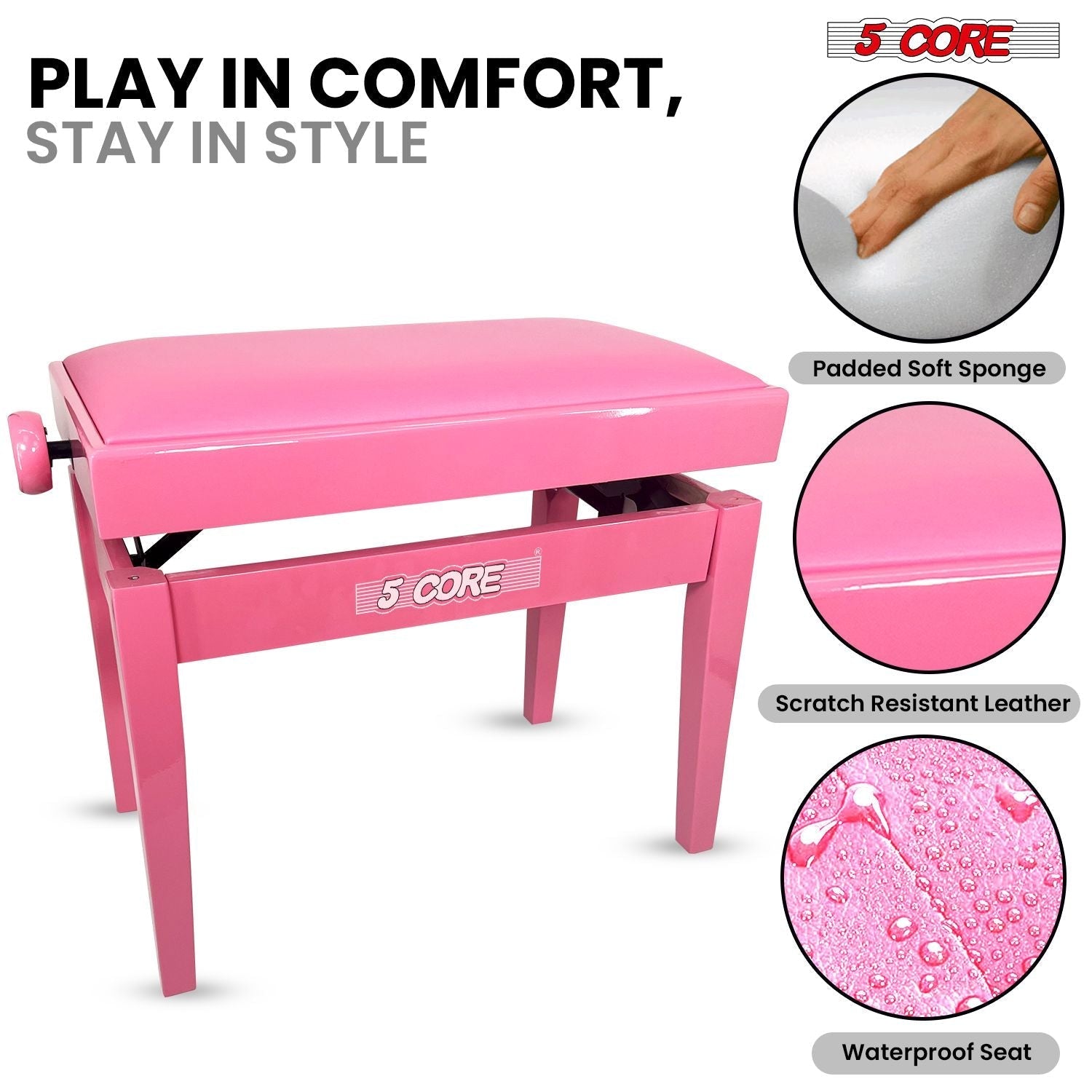 5 Core Adjustable Piano Bench Thick 3.25