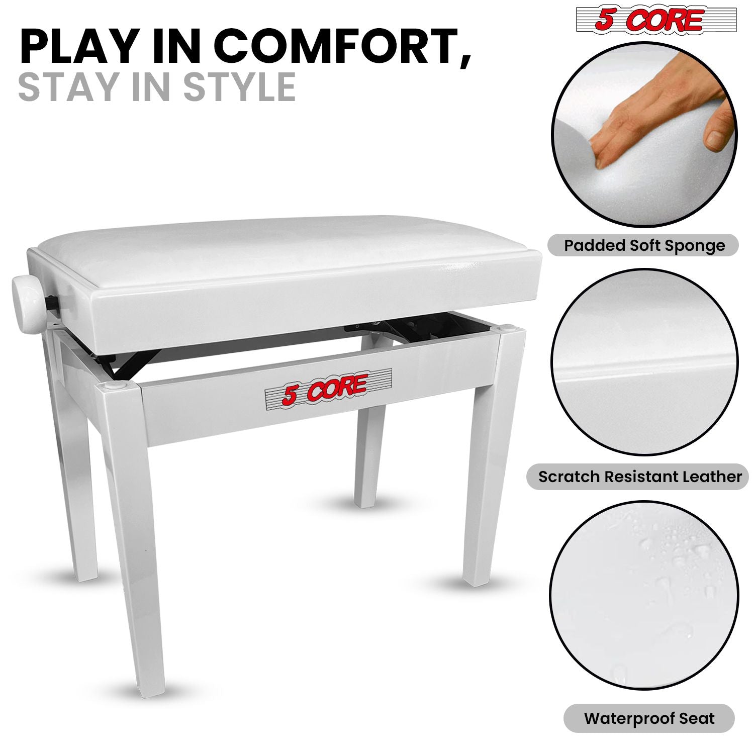 5 Core Adjustable Piano Bench Thick 3.25