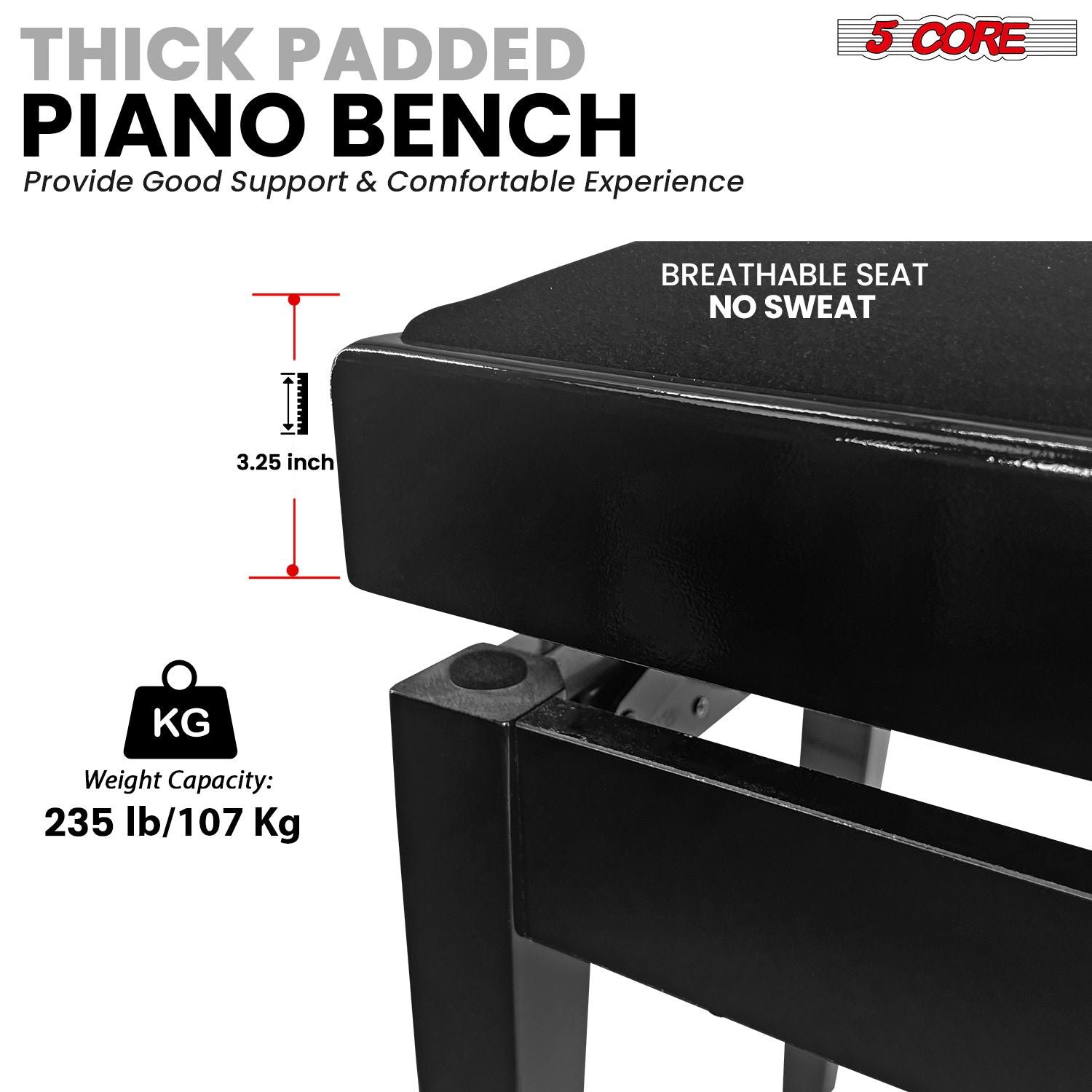 5 Core Adjustable Piano Bench Thick 3.25