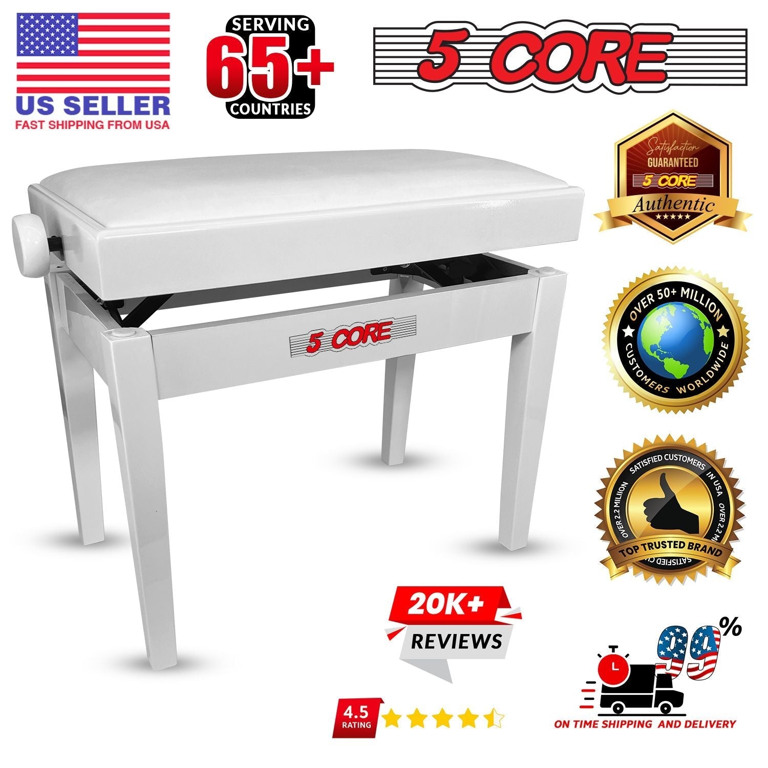 5 Core Adjustable Piano Bench Thick 3.25