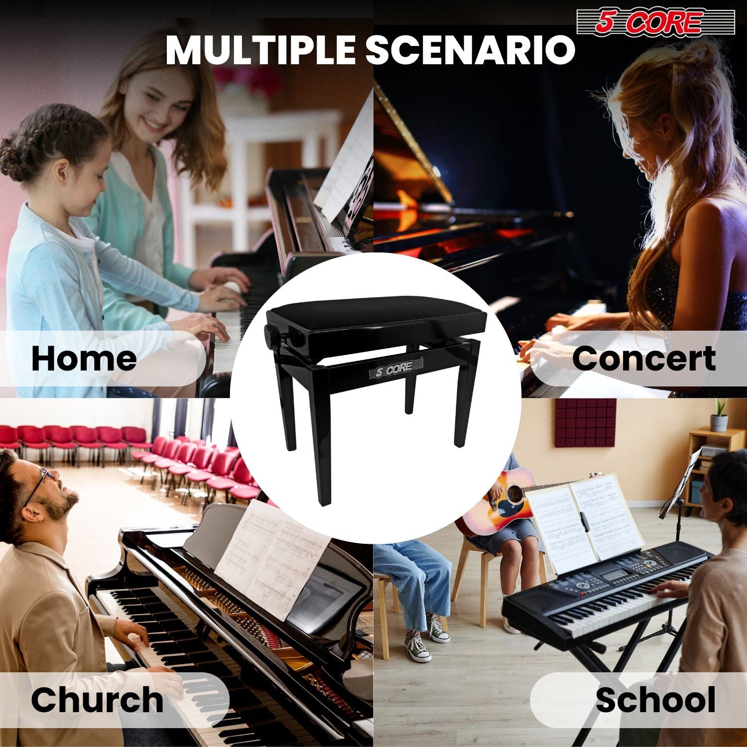 5 Core Adjustable Piano Bench Thick 3.25