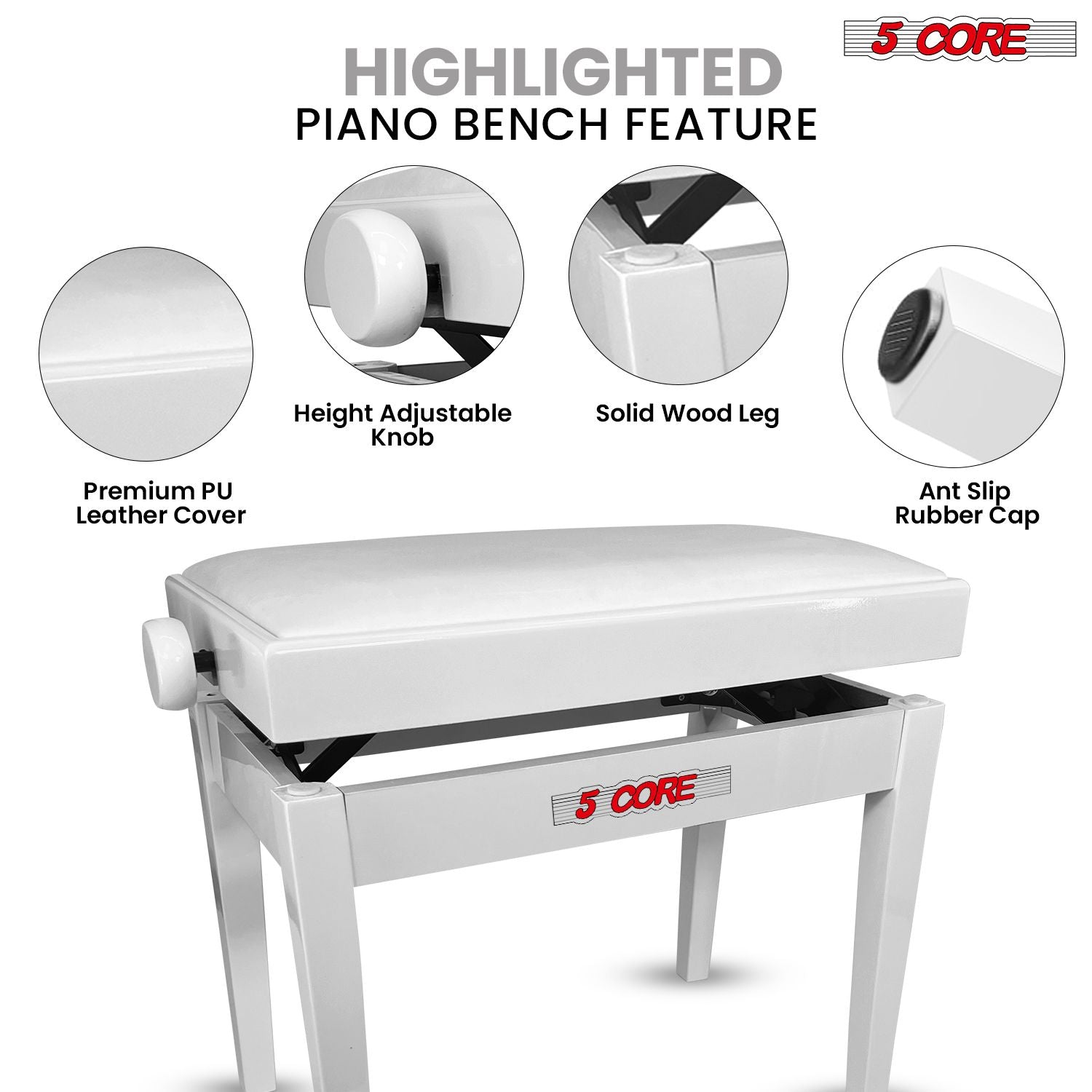 5 Core Adjustable Piano Bench Thick 3.25