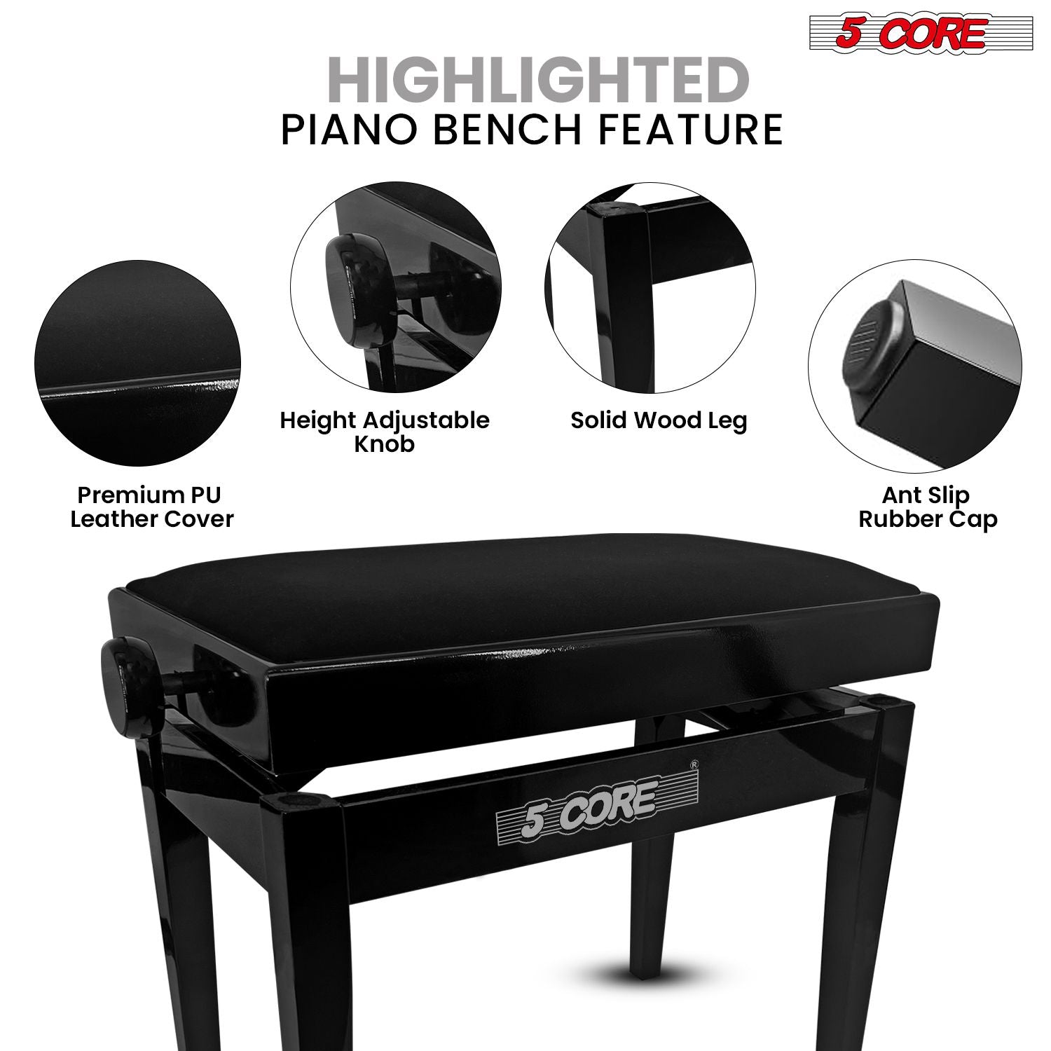 5 Core Adjustable Piano Bench Thick 3.25