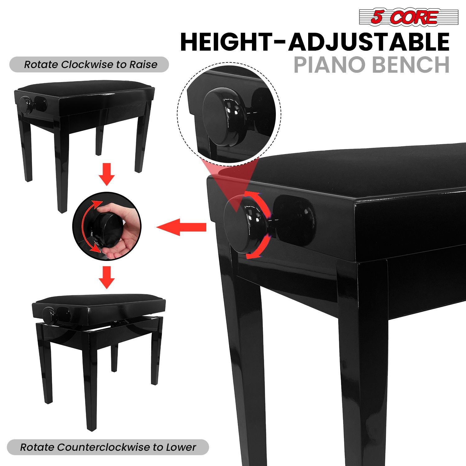 5 Core Adjustable Piano Bench Thick 3.25