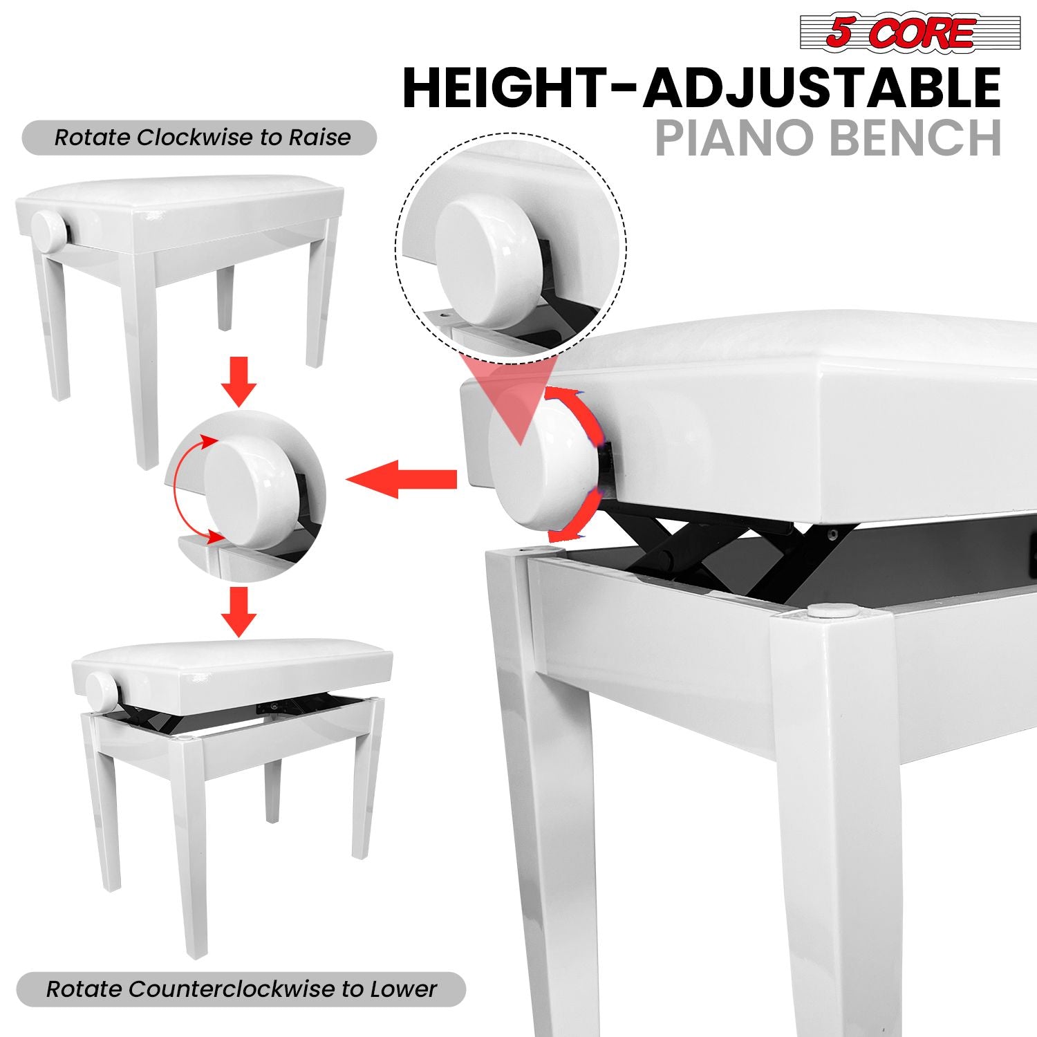 5 Core Adjustable Piano Bench Thick 3.25