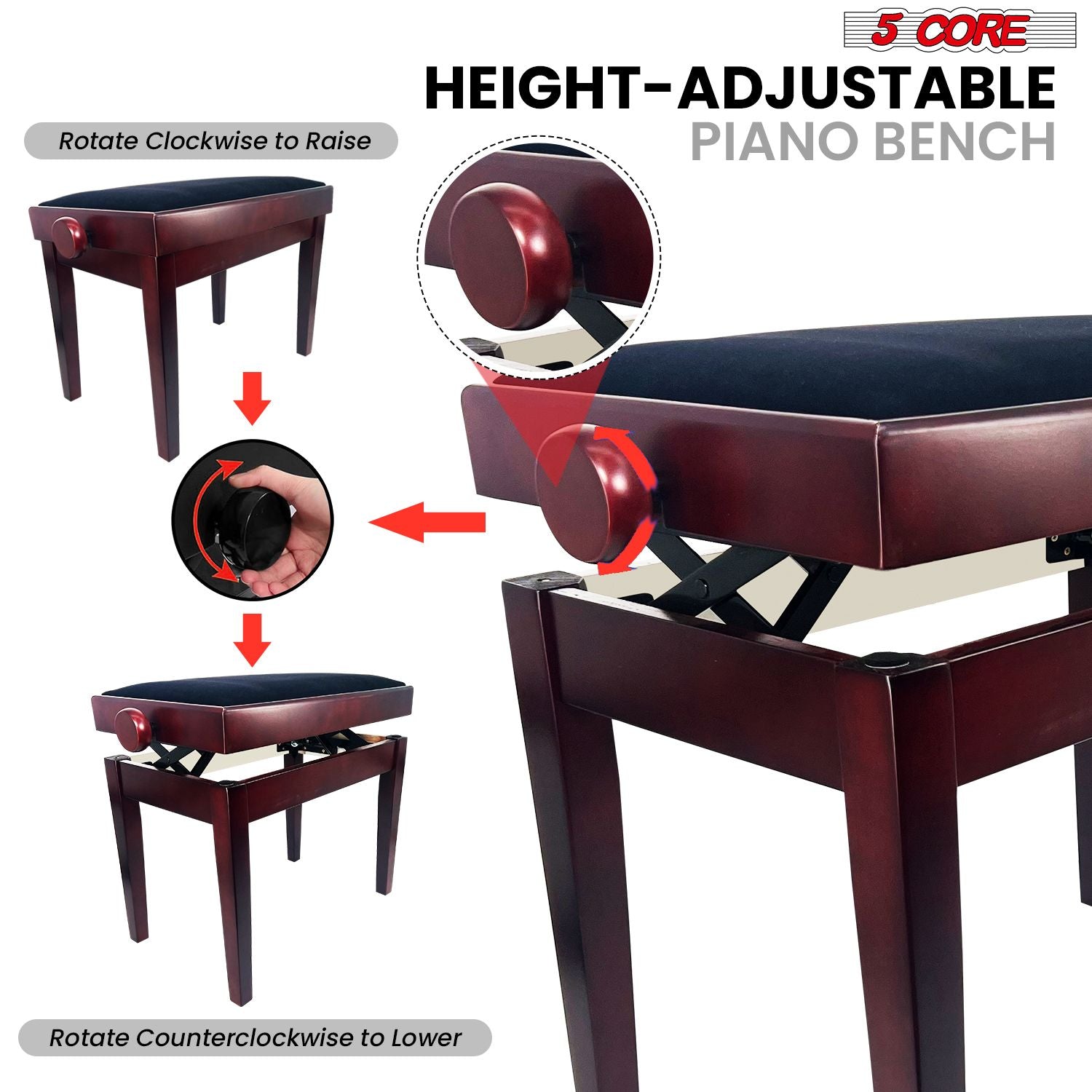 5 Core Adjustable Piano Bench Thick 3.25