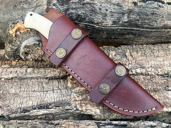 Custom Handmade Damascus Bushcraft Knife – Camel Bone Handle