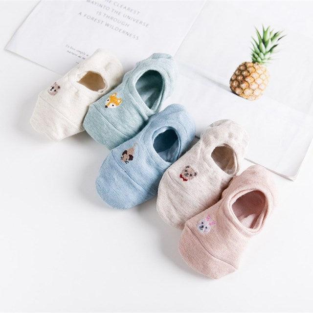 5 Pairs Cute Animal Spring Women Cotton Boat Socks Set Korean Style Funny Cat Dog Panda Low Cut Ankle Short Socks