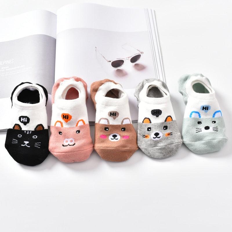 5 Pairs Cute Animal Spring Women Cotton Boat Socks Set Korean Style Funny Cat Dog Panda Low Cut Ankle Short Socks